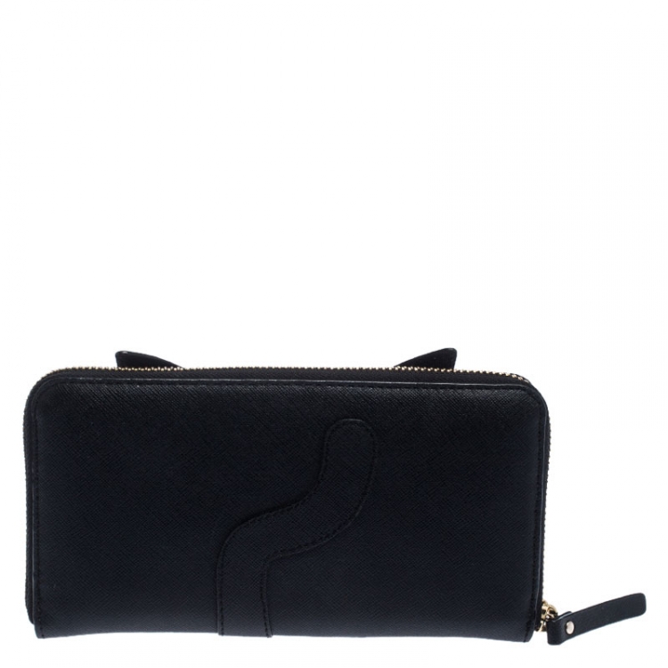 Pre Owned Kate Spade Black Leather Cat Jazz Zip Around Wallet