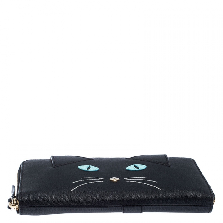 Pre Owned Kate Spade Black Leather Cat Jazz Zip Around Wallet