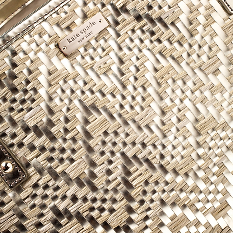Pre Owned Kate Spade Beige/Gold Woven Raffia and Patent Leather Tote