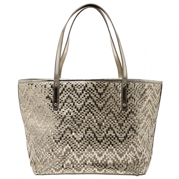 Pre Owned Kate Spade Beige/Gold Woven Raffia and Patent Leather Tote