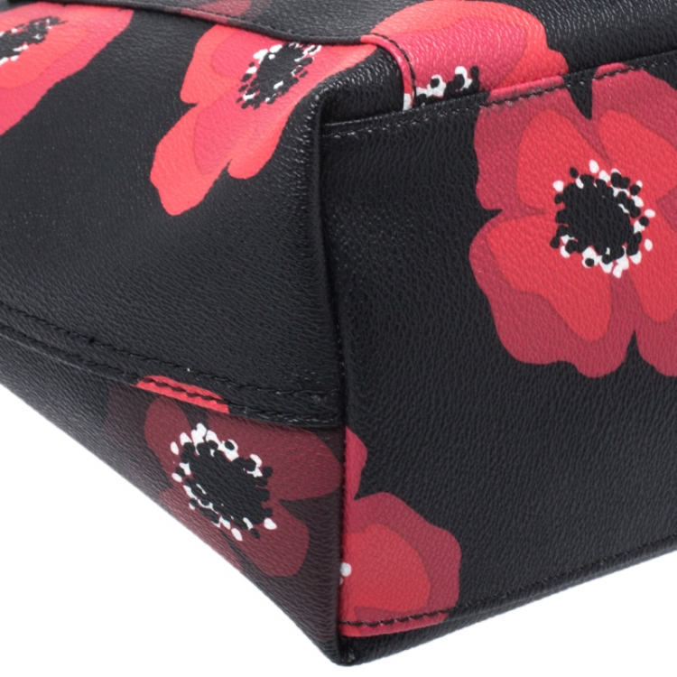 Pre Owned Kate Spade Black/Red Floral Print Leather Hyde Lane Riley Tote
