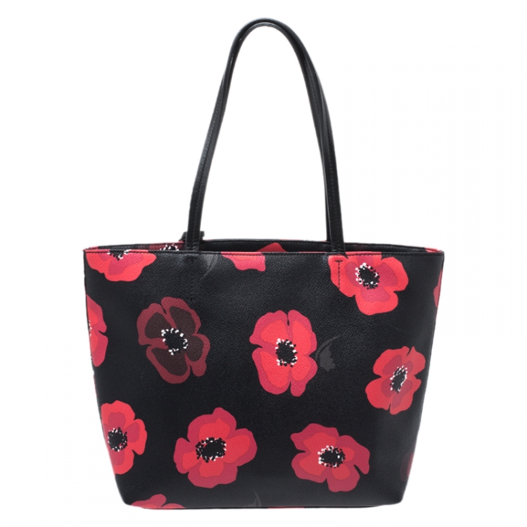 Pre Owned Kate Spade Black/Red Floral Print Leather Hyde Lane Riley Tote