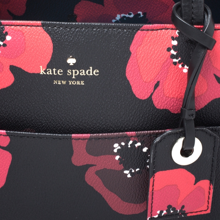 Pre Owned Kate Spade Black/Red Floral Print Leather Hyde Lane Riley Tote