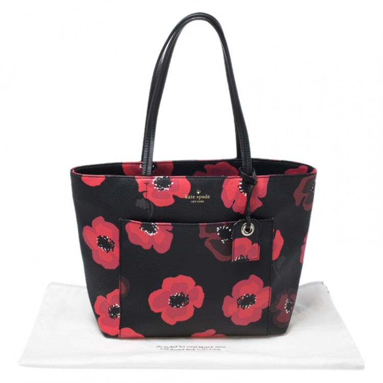Pre Owned Kate Spade Black/Red Floral Print Leather Hyde Lane Riley Tote