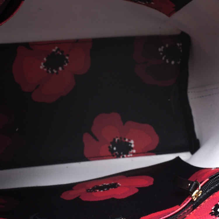 Pre Owned Kate Spade Black/Red Floral Print Leather Hyde Lane Riley Tote