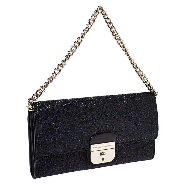 مملوكة مسبقًا Kate Spade Black Glitter Leather Lane Milou Wallet On Chain