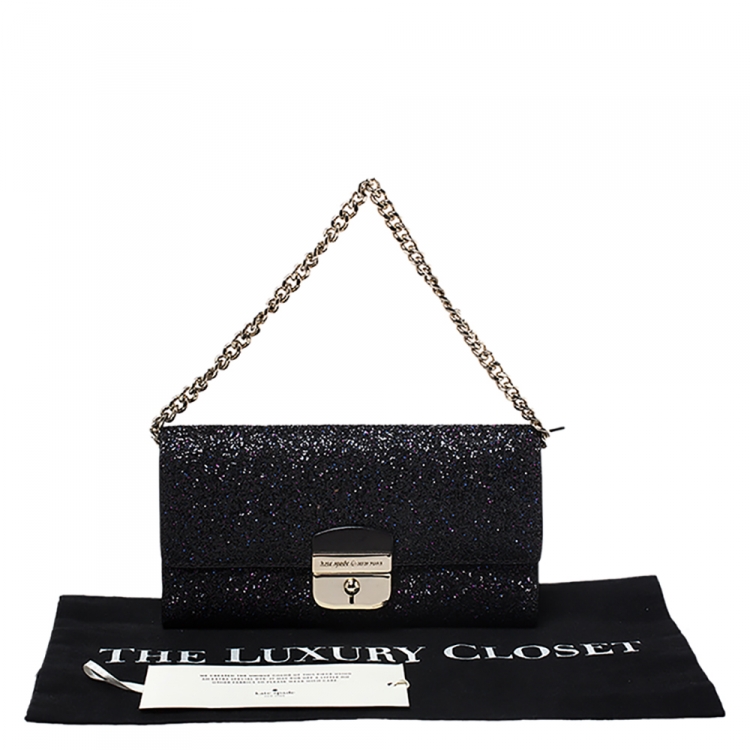 مملوكة مسبقًا Kate Spade Black Glitter Leather Lane Milou Wallet On Chain