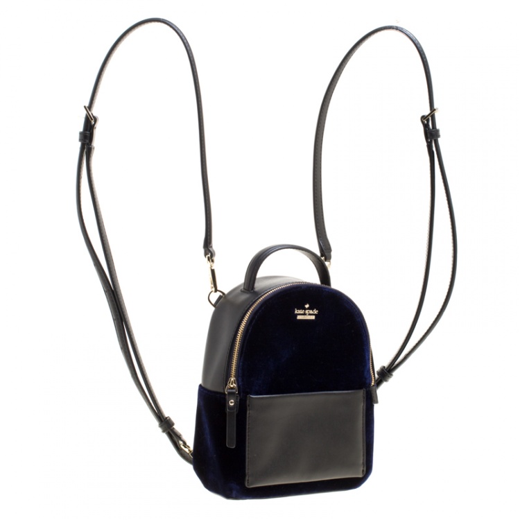 Pre Owned Kate Spade Black/Blue Leather and Velvet Mini Watson Lane Merry Backpack  