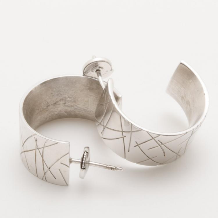 Pre Owned KENZO Silver Small Engraved Hoop Earrings