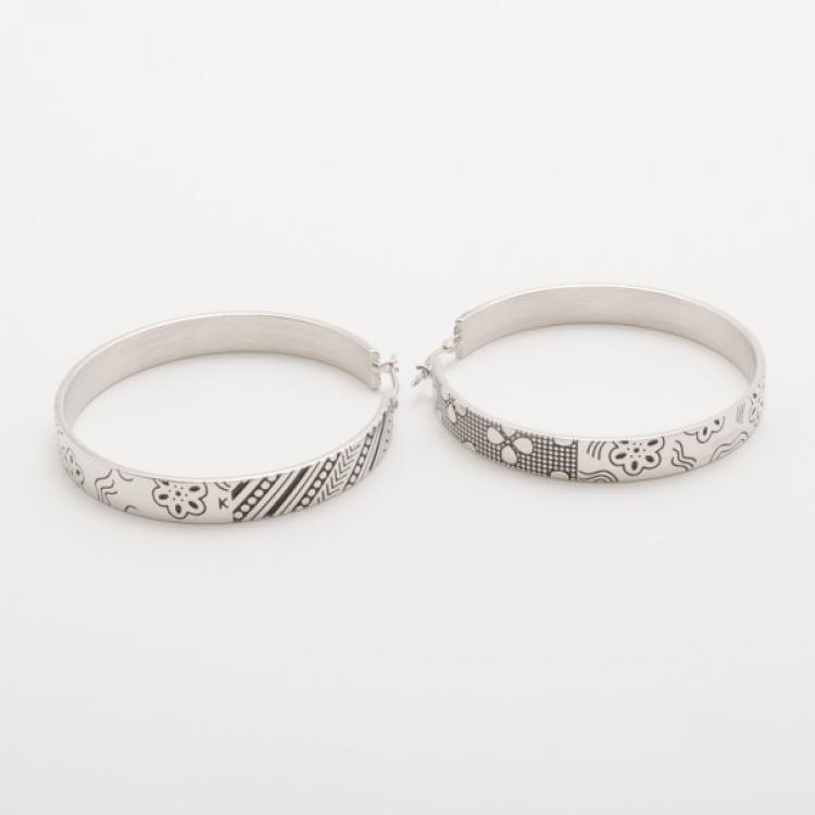 Pre Owned KENZO Silver Large Engraved Hoop Earrings