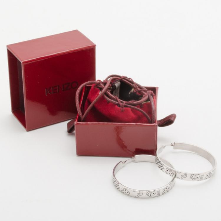 Pre Owned KENZO Silver Large Engraved Hoop Earrings