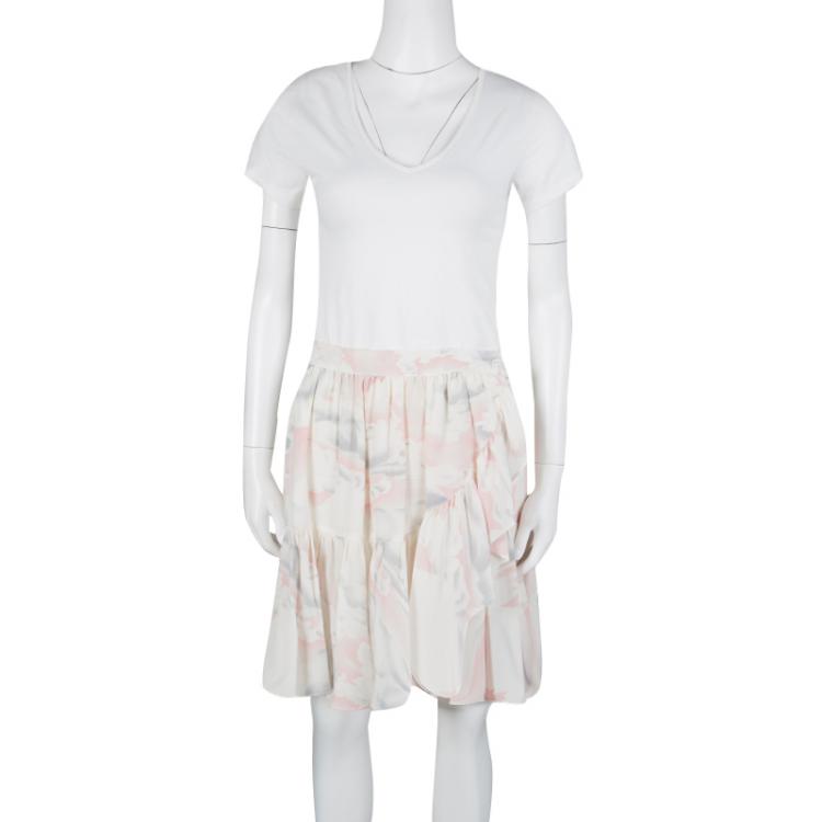Pre Owned Kenzo Off White Cloud Printed Silk Ruffled Wrap Skirt M