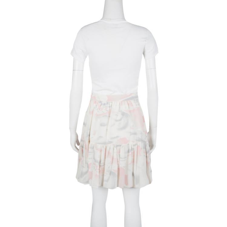 Pre Owned Kenzo Off White Cloud Printed Silk Ruffled Wrap Skirt M