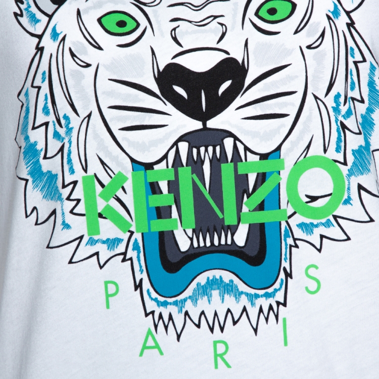 Pre Owned Kenzo White Tiger Print Cotton Crew Neck T-Shirt M