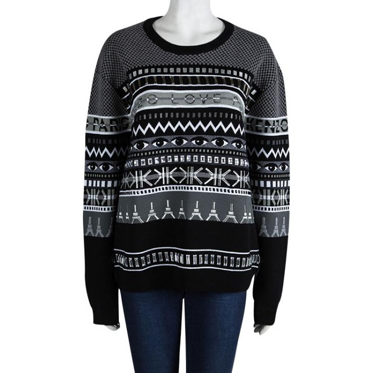 Pre Owned Kenzo Striped Embroidered Wool Eye Motif Embellished Sweater XL