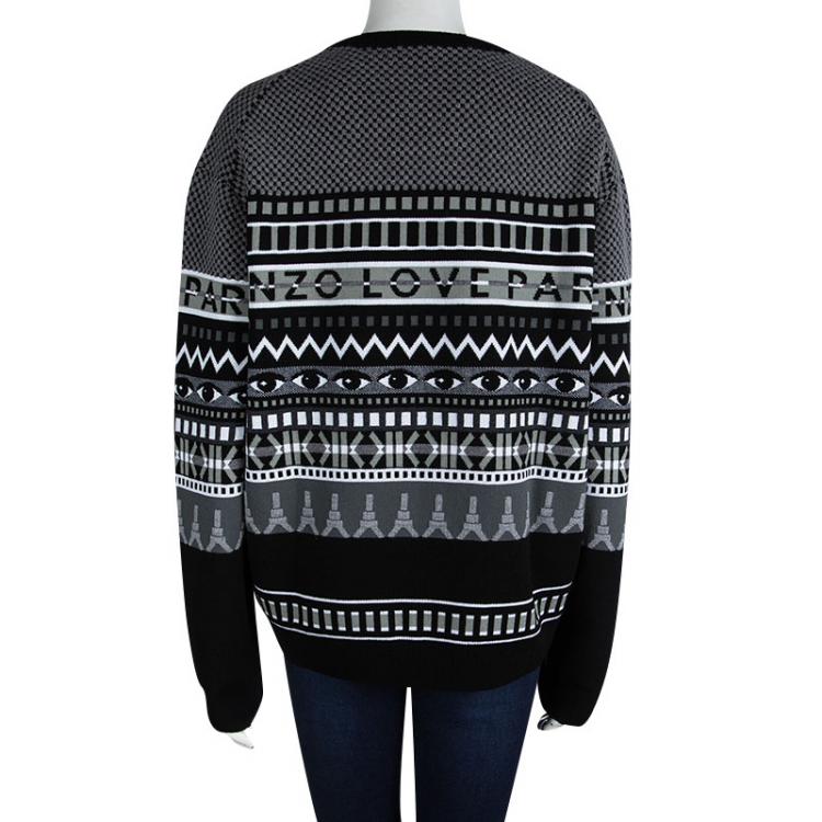 Pre Owned Kenzo Striped Embroidered Wool Eye Motif Embellished Sweater XL