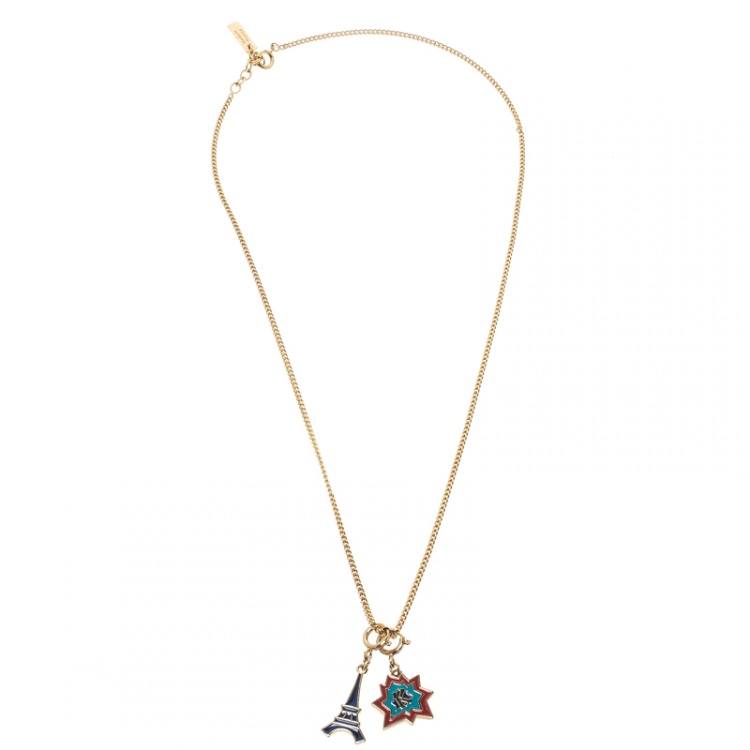Pre Owned Kenzo Enamel Gold Tone Dual Charm Chain Necklace