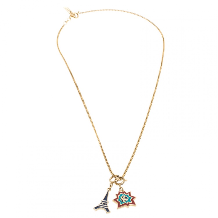 Pre Owned Kenzo Enamel Gold Tone Dual Charm Chain Necklace