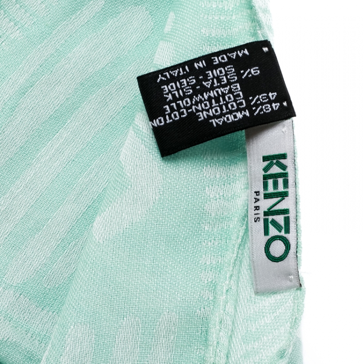 Pre Owned Kenzo Mint Green and White Tiger Logo Detail Jacquard Fringed Edge Scarf