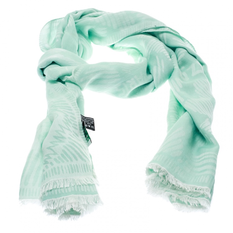 Pre Owned Kenzo Mint Green and White Tiger Logo Detail Jacquard Fringed Edge Scarf