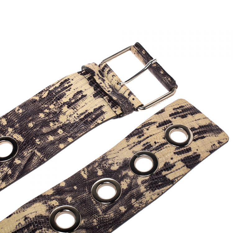 Pre Owned Kenzo Beige/Black Lizard Embossed Leather Waist Belt 85CM