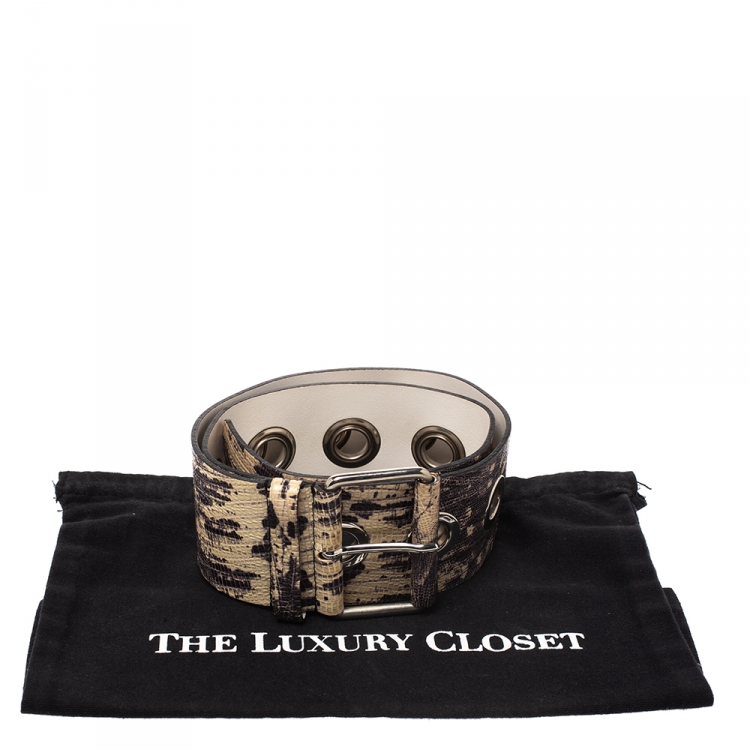 Pre Owned Kenzo Beige/Black Lizard Embossed Leather Waist Belt 85CM
