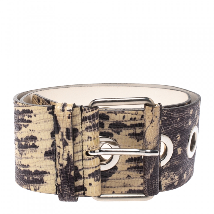 Pre Owned Kenzo Beige/Black Lizard Embossed Leather Waist Belt 85CM