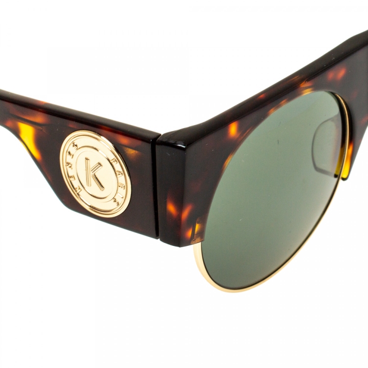 Pre Owned Kenzo Brown Tortoise/Green KZ3188 Round Sunglasses