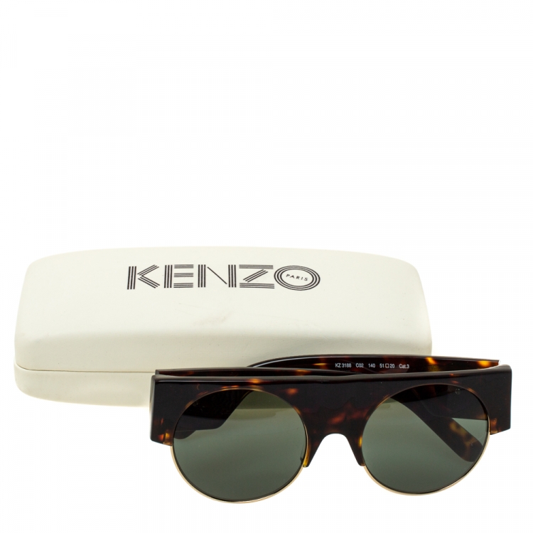Pre Owned Kenzo Brown Tortoise/Green KZ3188 Round Sunglasses