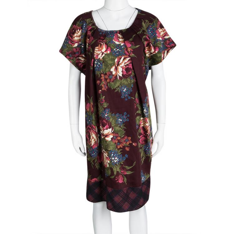 Pre Owned Kenzo Burgundy Floral Printed Wool Checked Trim Detail Dress L