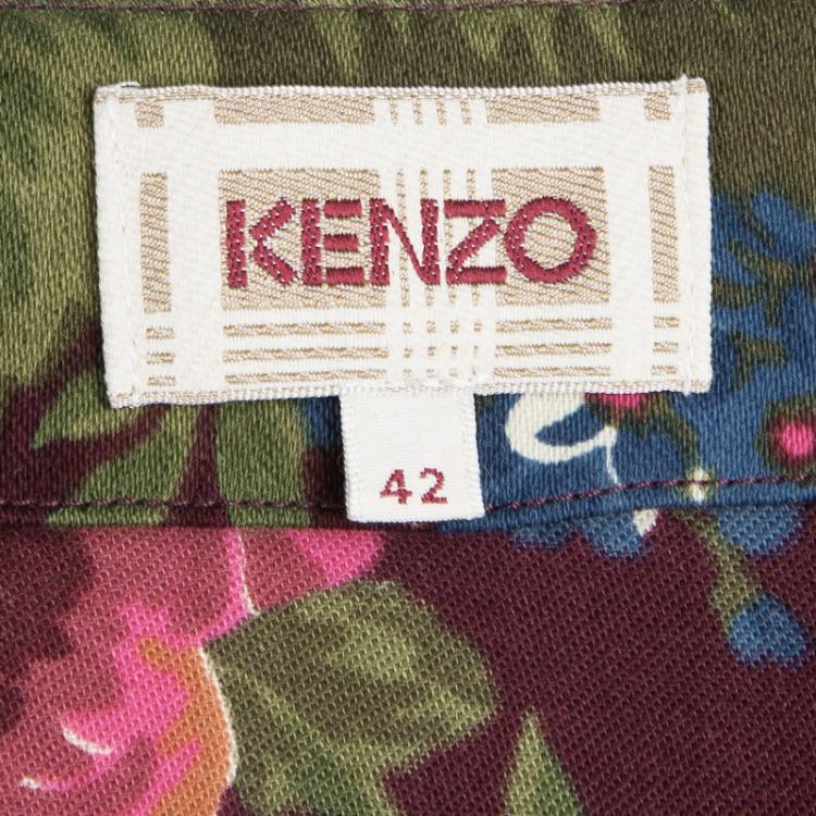 Pre Owned Kenzo Burgundy Floral Printed Wool Checked Trim Detail Dress L