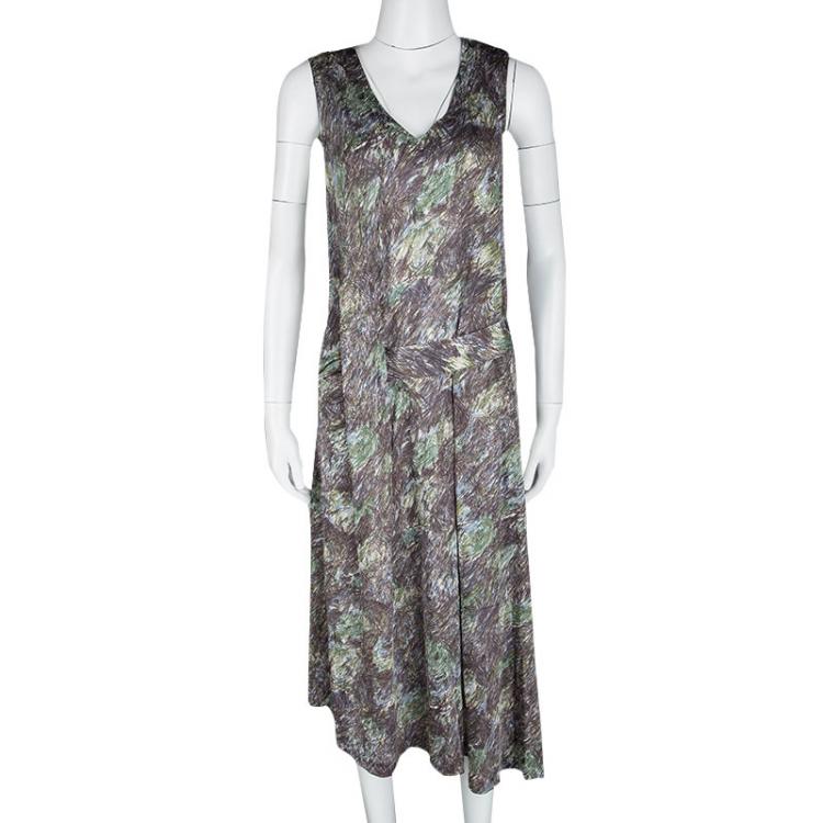 Pre Owned Kenzo Multicolor Scribble Printed Silk Jersey Waist Tie Detail Sleeveless Midi Dress M