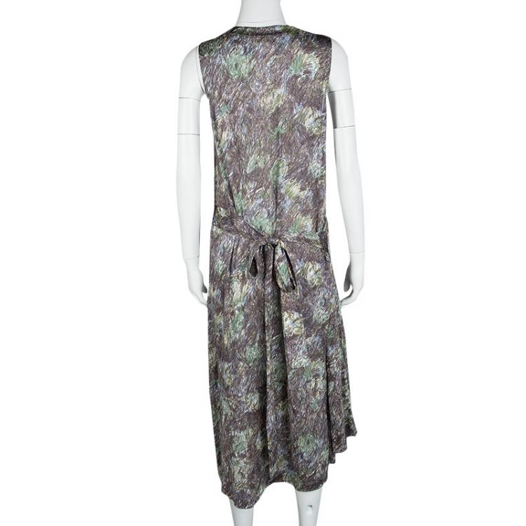 Pre Owned Kenzo Multicolor Scribble Printed Silk Jersey Waist Tie Detail Sleeveless Midi Dress M