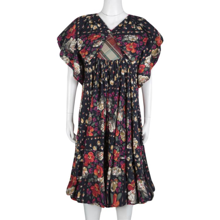 Pre Owned Kenzo Floral and Check Print Gathered Jersey Bow Detail Dress M