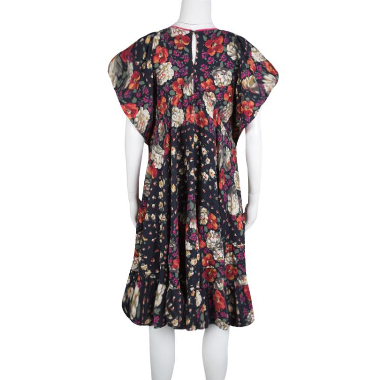 Pre Owned Kenzo Floral and Check Print Gathered Jersey Bow Detail Dress M
