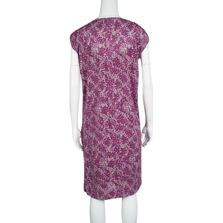 Pre Owned Kenzo Pink and Grey Floral Printed Lurex Knit Draped Front Dress M