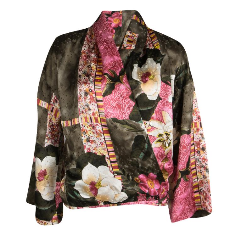 Pre Owned Kenzo Multicolor Floral Printed Silk Satin Wrap Top and Skirt Set M/L