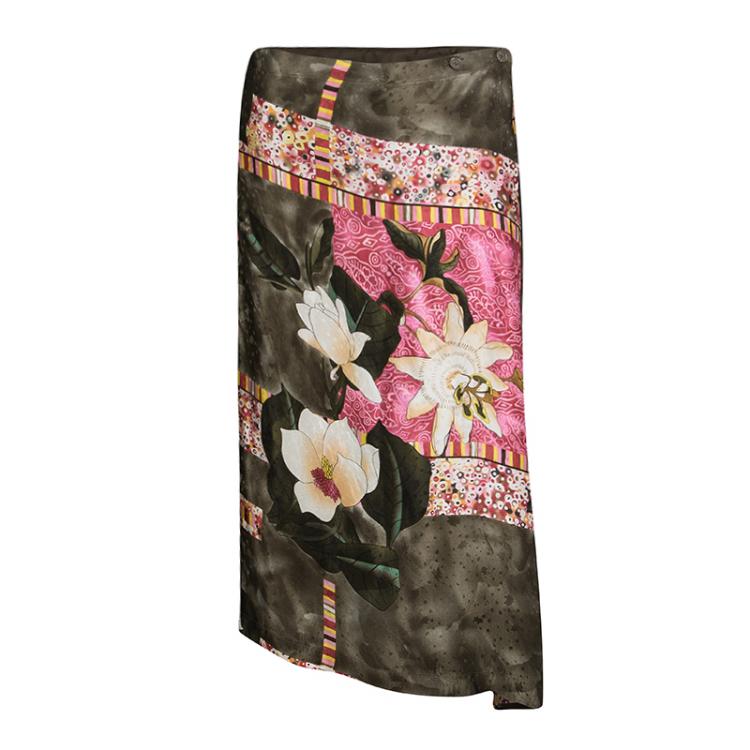 Pre Owned Kenzo Multicolor Floral Printed Silk Satin Wrap Top and Skirt Set M/L