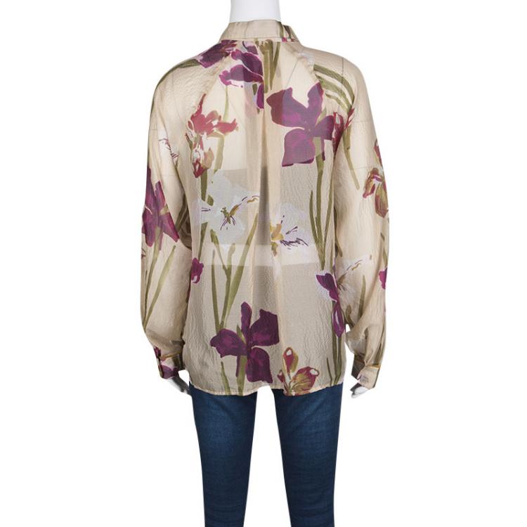 Pre Owned Kenzo Beige Floral Printed Sheer Silk Button Front Shirt L