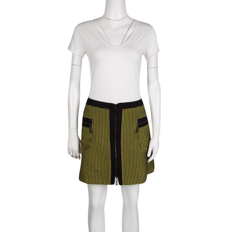 Pre Owned Kenzo Yellow and Black Textured Waffle Knit Zip Detail Mini Skirt M