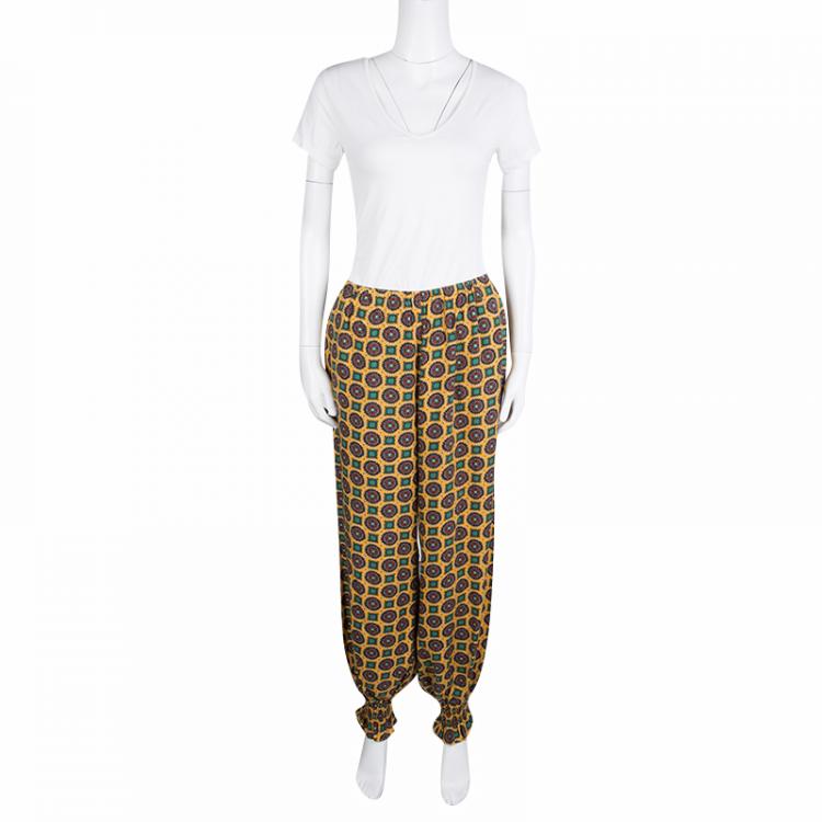 Pre Owned Kenzo Yellow Printed Smocked Hem Detail Elasticized Waist Pants M
