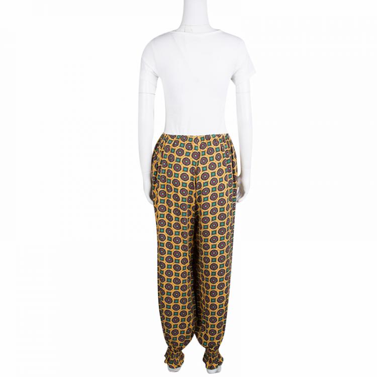 Pre Owned Kenzo Yellow Printed Smocked Hem Detail Elasticized Waist Pants M