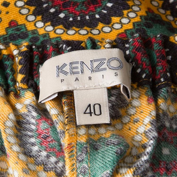Pre Owned Kenzo Yellow Printed Smocked Hem Detail Elasticized Waist Pants M