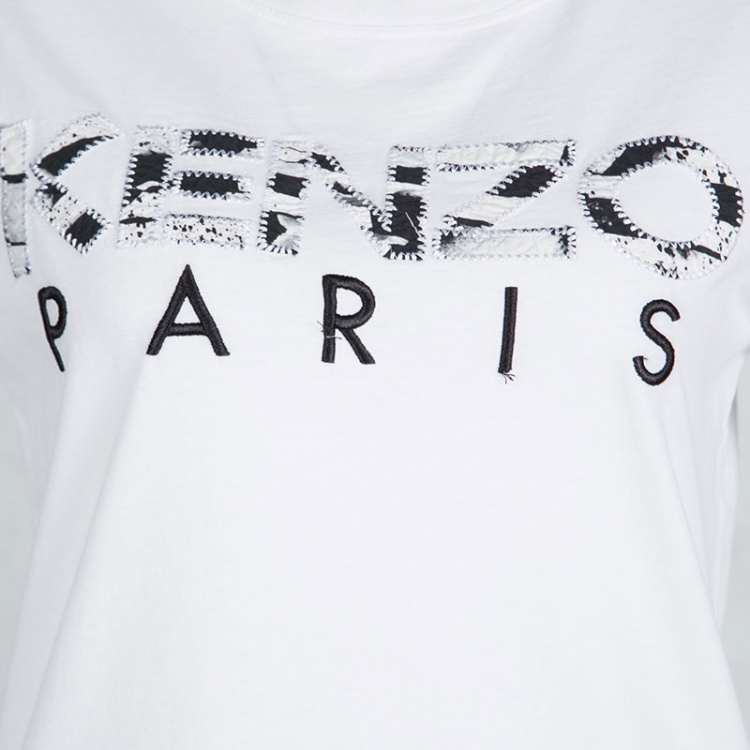 Pre Owned Kenzo White Logo Applique Detail Short Sleeve T-Shirt M