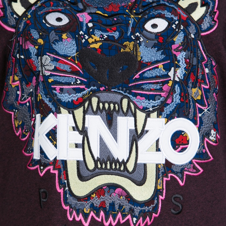 Pre Owned Kenzo Burgundy Tiger Motif Ribbed Trim Long Sleeve Sweatshirt Dress M