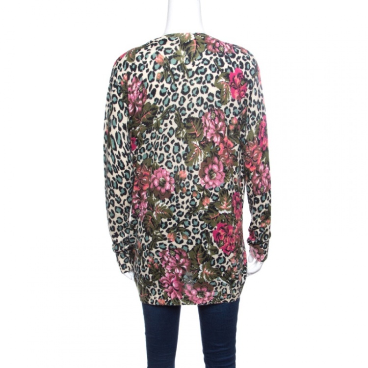 مملوكة مسبقًا Kenzo Multicolor Floral and Animal Printed Knit Long Sleeve V Neck Sweater M