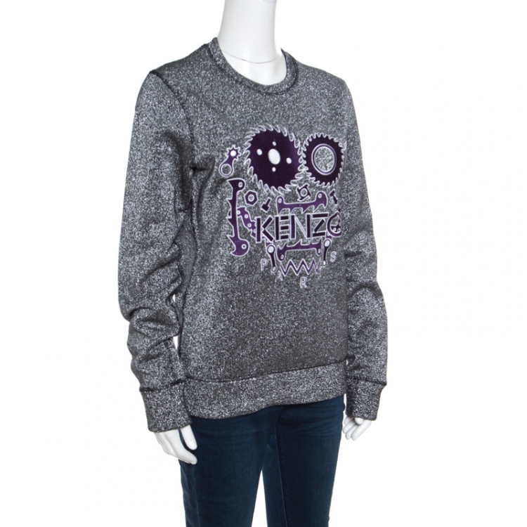 Pre Owned Kenzo Metallic Grey Embroidered Monster Motif Sweatshirt S