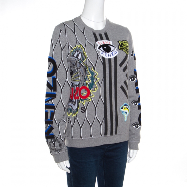 Pre Owned Kenzo Grey Multi Icon Embroidered Logo Applique Long Sleeve Sweatshirt M