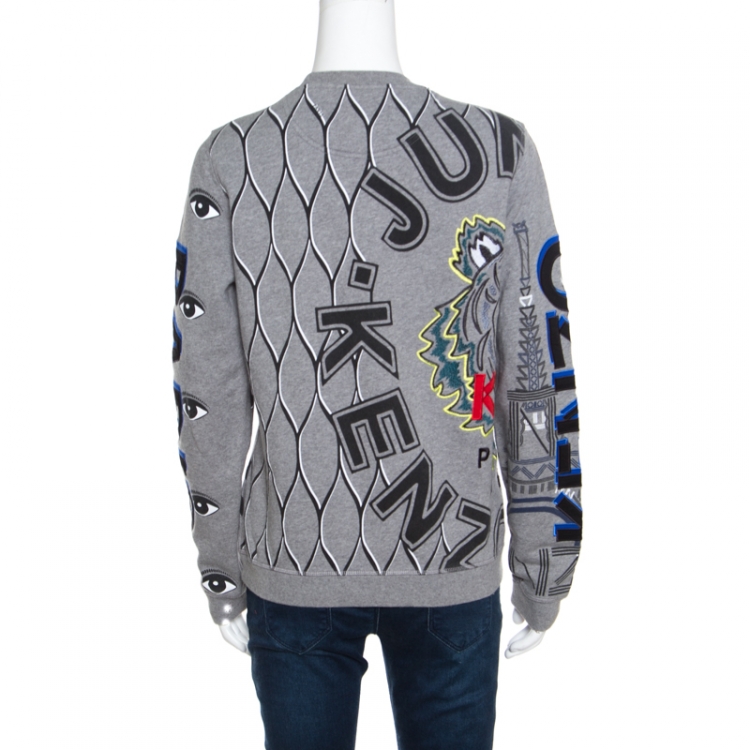 Pre Owned Kenzo Grey Multi Icon Embroidered Logo Applique Long Sleeve Sweatshirt M