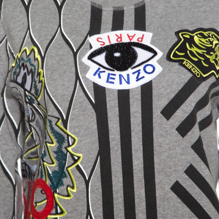 Pre Owned Kenzo Grey Multi Icon Embroidered Logo Applique Long Sleeve Sweatshirt M